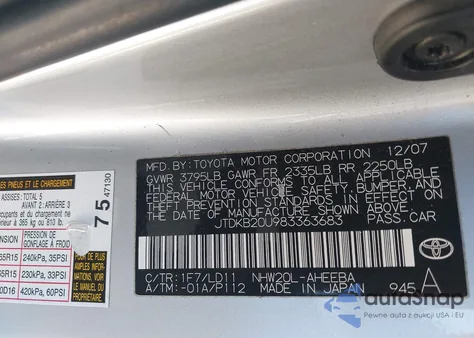 2008 Toyota Prius z USA, uszkodzony, nr VIN JTDKB20U983363683